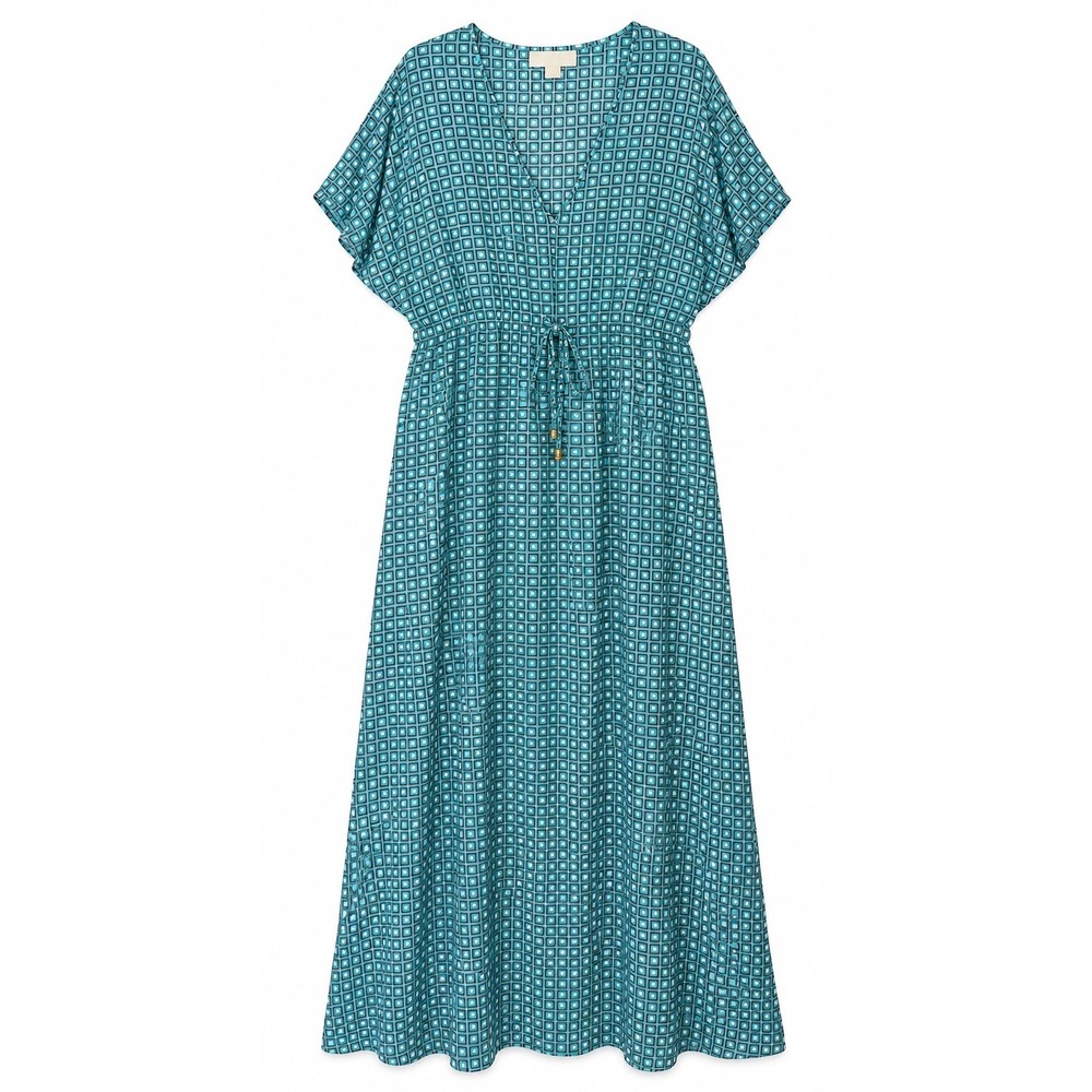 Michael Kors Teal Geometric Print Maxi Dress XL V-Neck Drawstring Waist Flutter